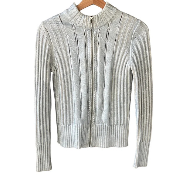 Boston Proper Silver Metallic 100% Cotton Cable Knit Zip Up Jacket Cardigan Sz S - Picture 1 of 13